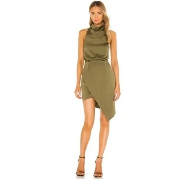 ELLIATT Camo Asymmetric Satin Cocktail Dress in Khaki Size X-Small - Picture 16 of 16